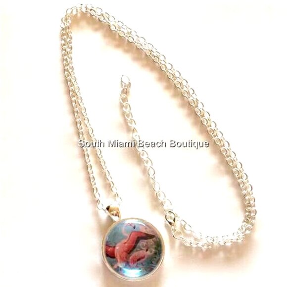 Pink Flamingo Necklace Silver Plated 24" Chain Glass Dome Pendant Tropical - Picture 6 of 9